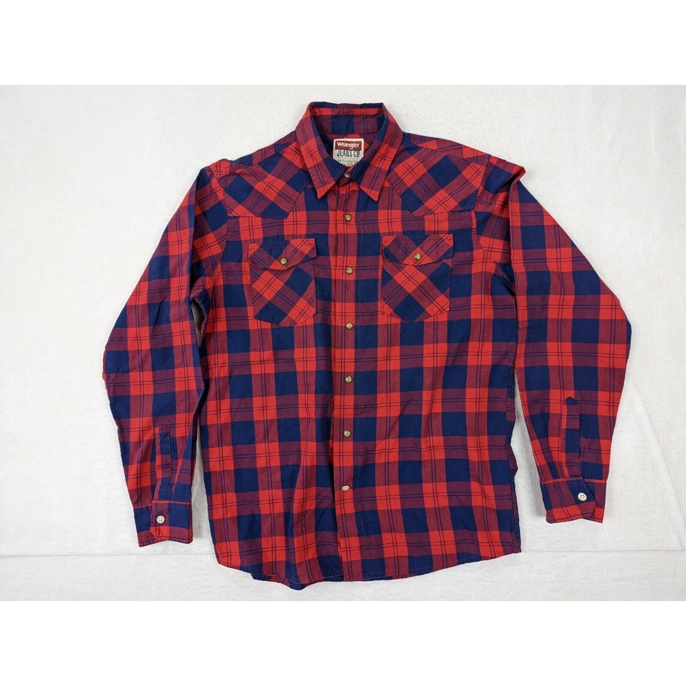Wrangler Jeans Co Shirt Mens Sz M Pearl‎ Snap Long Sleeve Red Blue